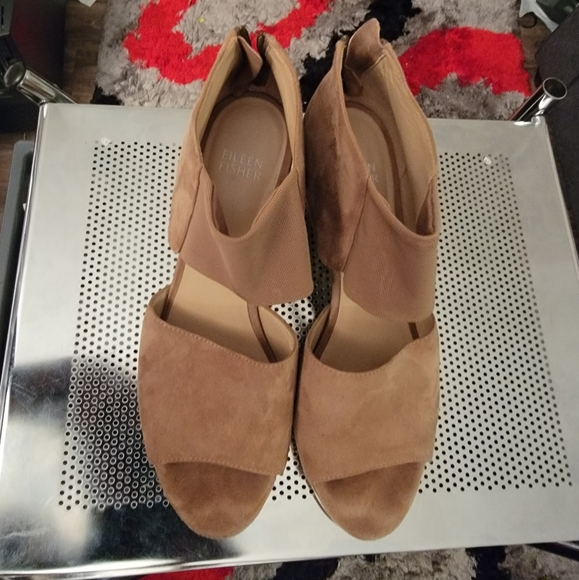 Eileen Fisher Shoes - EILEEN FISHER $245 - 8 - "CHAT" TAN SUEDE LEATHER MESH SANDAL BLOCK HEELS BOHO